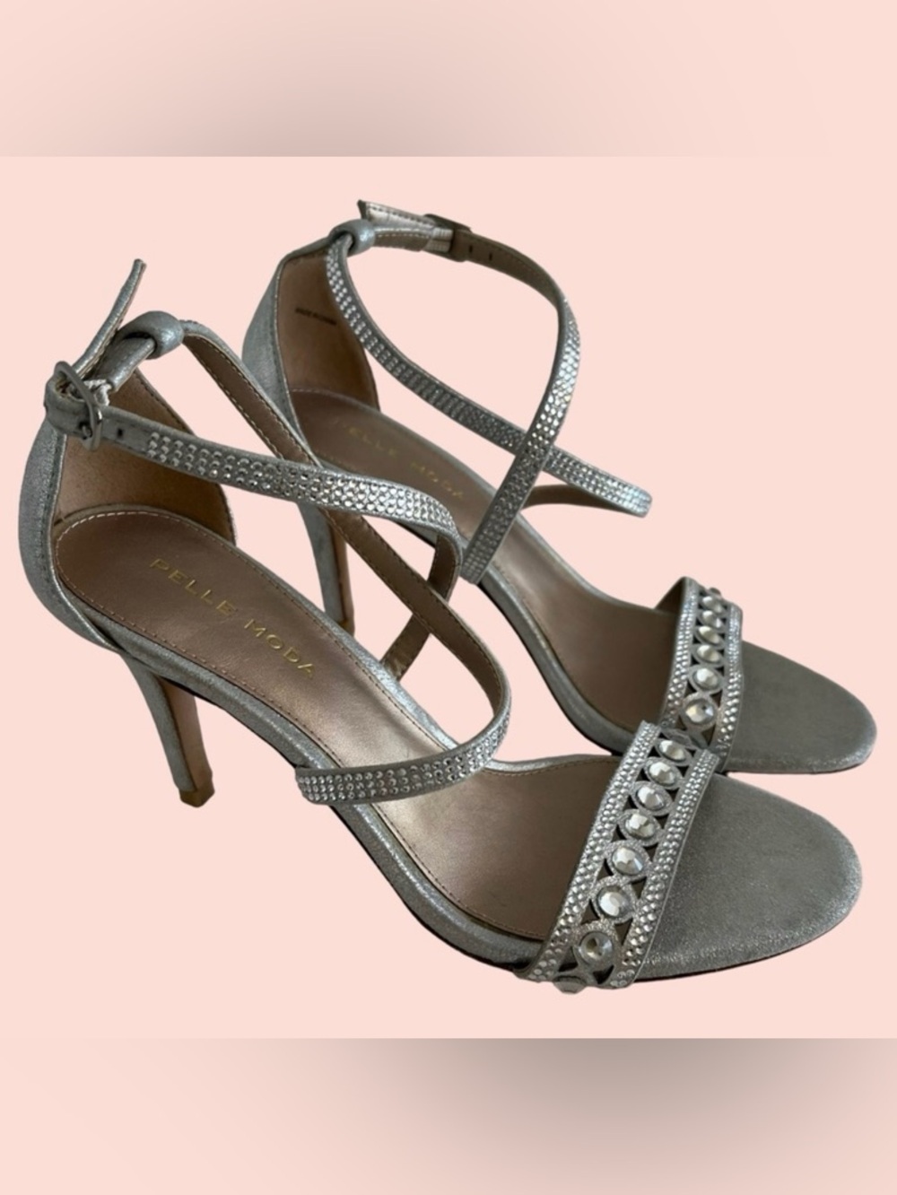 Pelle Moda Silver Rhinestone Detail Ankle Wrap "Rory" Sandal 6.5